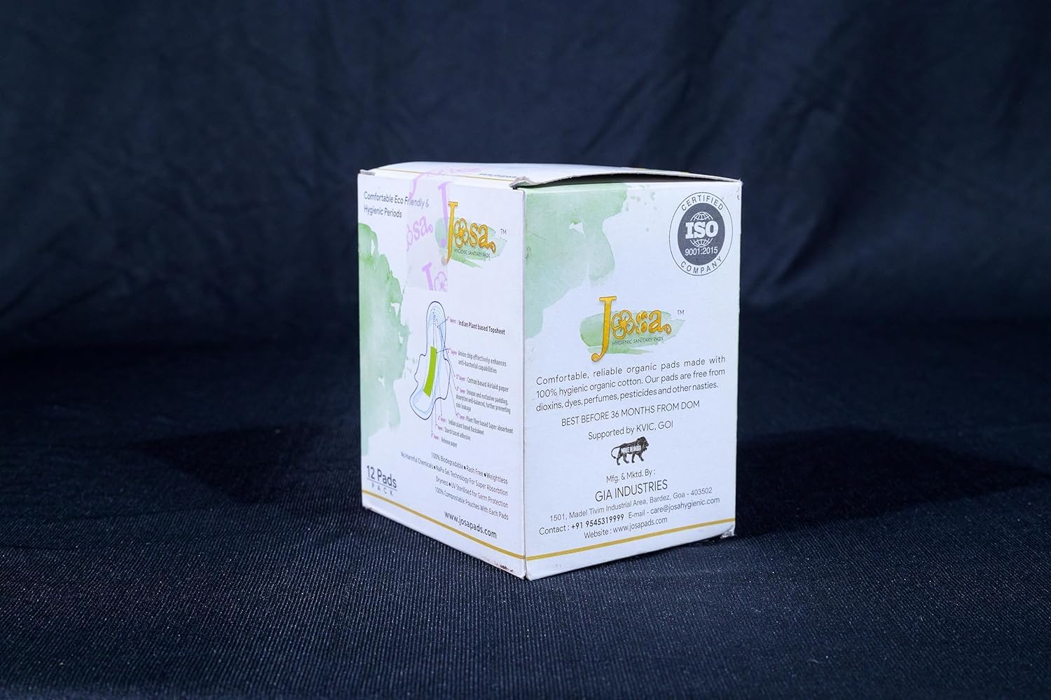 back side of image of Eco Friendly Sanitary Pads showcasing ISO stamp and made in india batch.